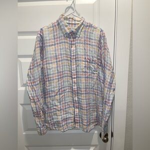 Peter Millar 100% linen striped checkered long sleeves men shirt L